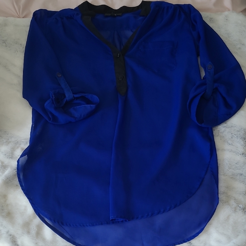 BCX Royal Blue Sheer Blouse with Black Accents